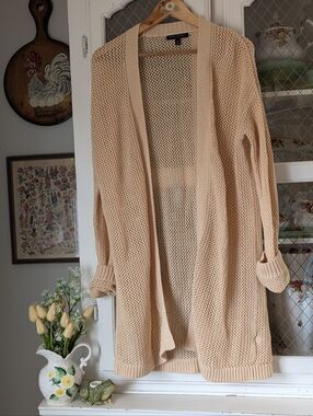 Med- Beige Open-Knit Cardigan Sweater - Classic Lightweight Layer Summer